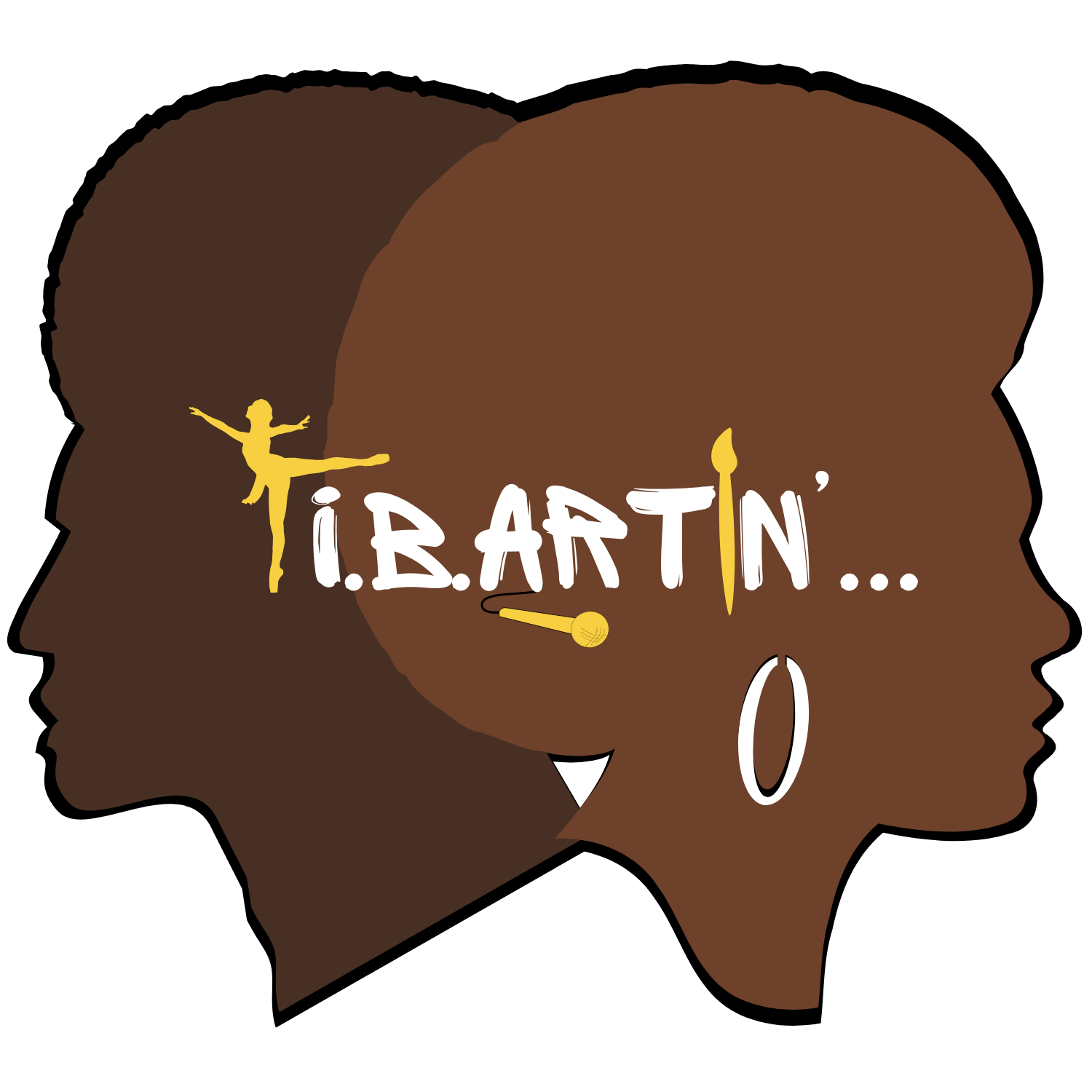 i.B.Artin cover art. Two heads with curly hair in profile, a dark brown and slightly lighter shade of brown single color block for each, with i.B.Artin podcast title and one hoop earring in white overlaid